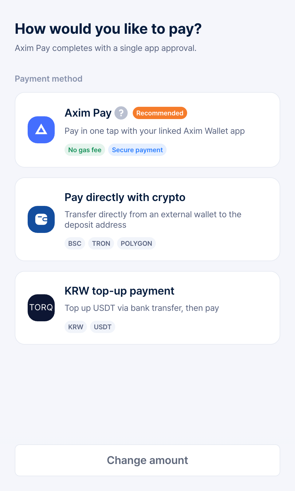 Payment method screen